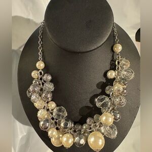 Cluster Dangle Faux Pearl Necklace Silver Tone Necklace 16” w/ 3” extender